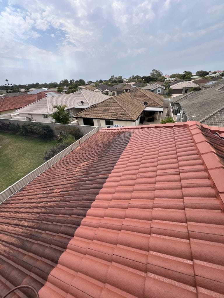 Terracotta tile roof half cleaned showing before and after roof cleaning in Brisbane