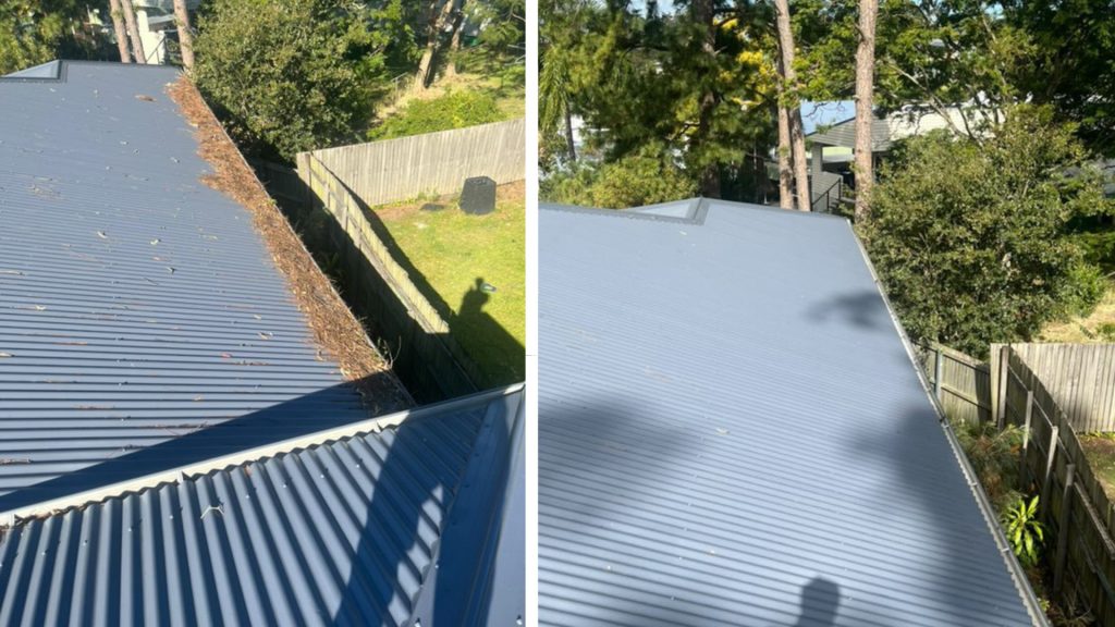 Grey metal roof before and after roof cleaning in Brisbane