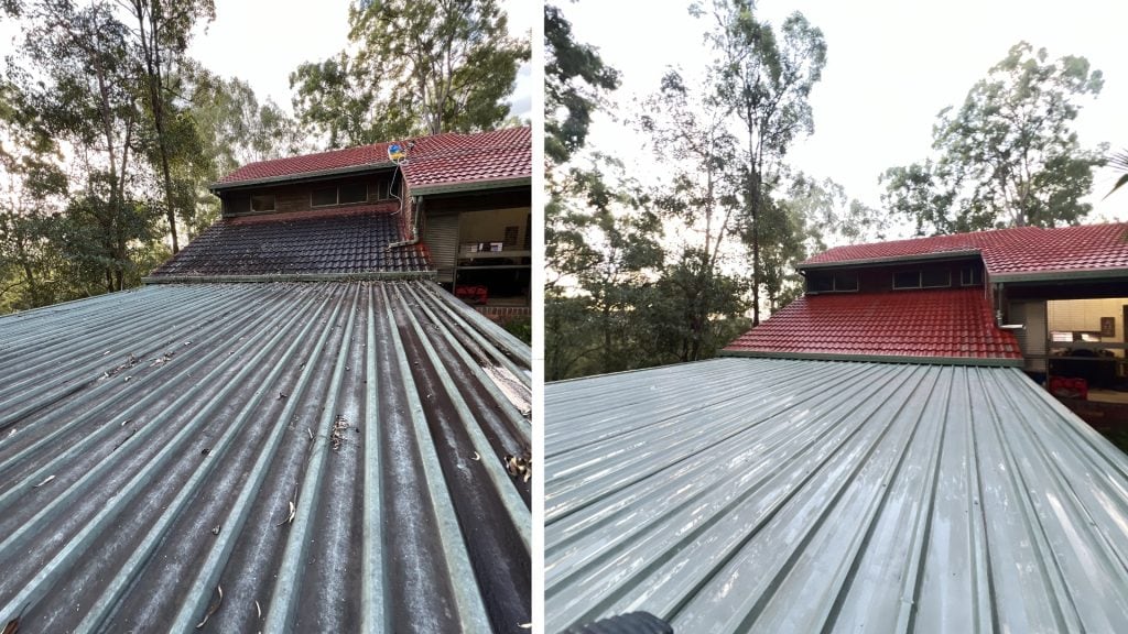 Metal roof before and after mould removal in Brisbane