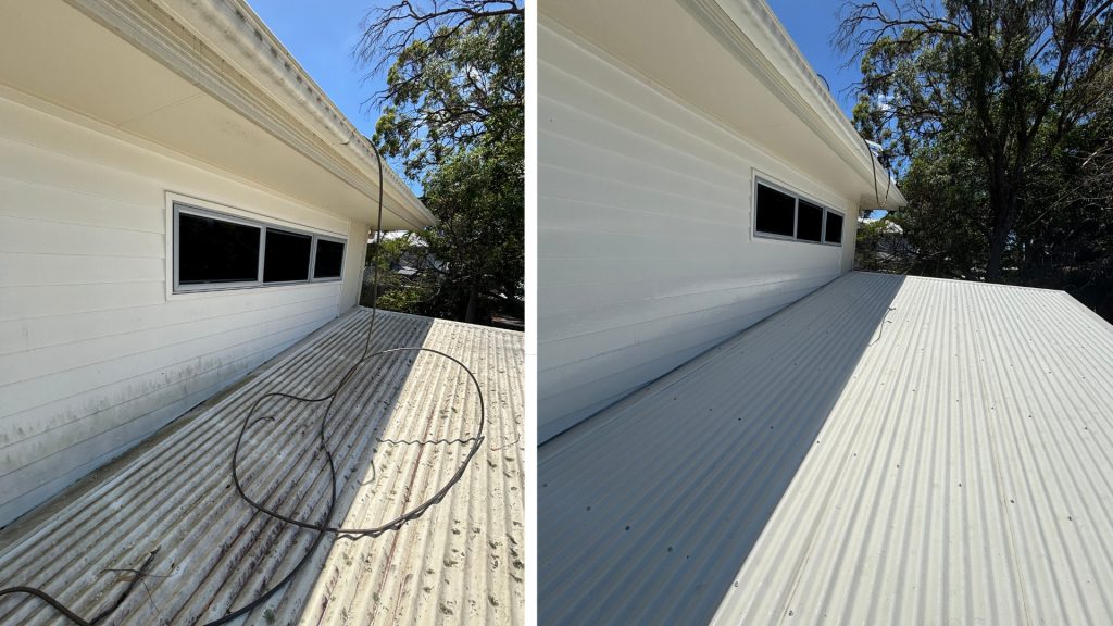 Metal roof before and after soft wash cleaning in Brisbane
