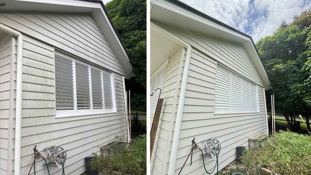 Weatherboard house before and after house washing in Brisbane
