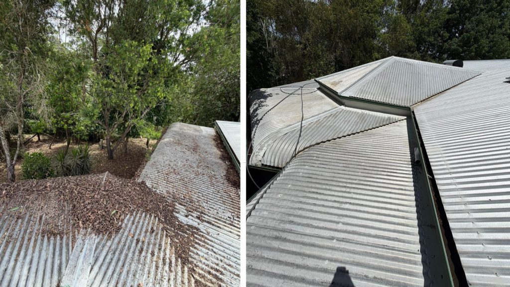 Metal roof covered in leaves before and after roof and gutter cleaning