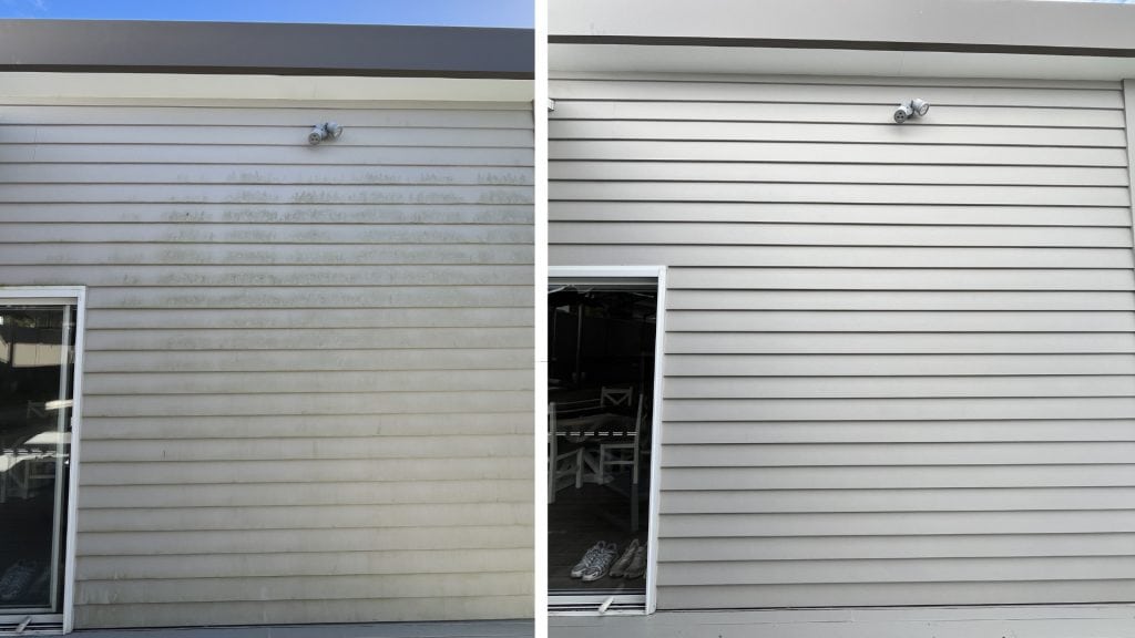 Cladding wall before and after house washing in Brisbane